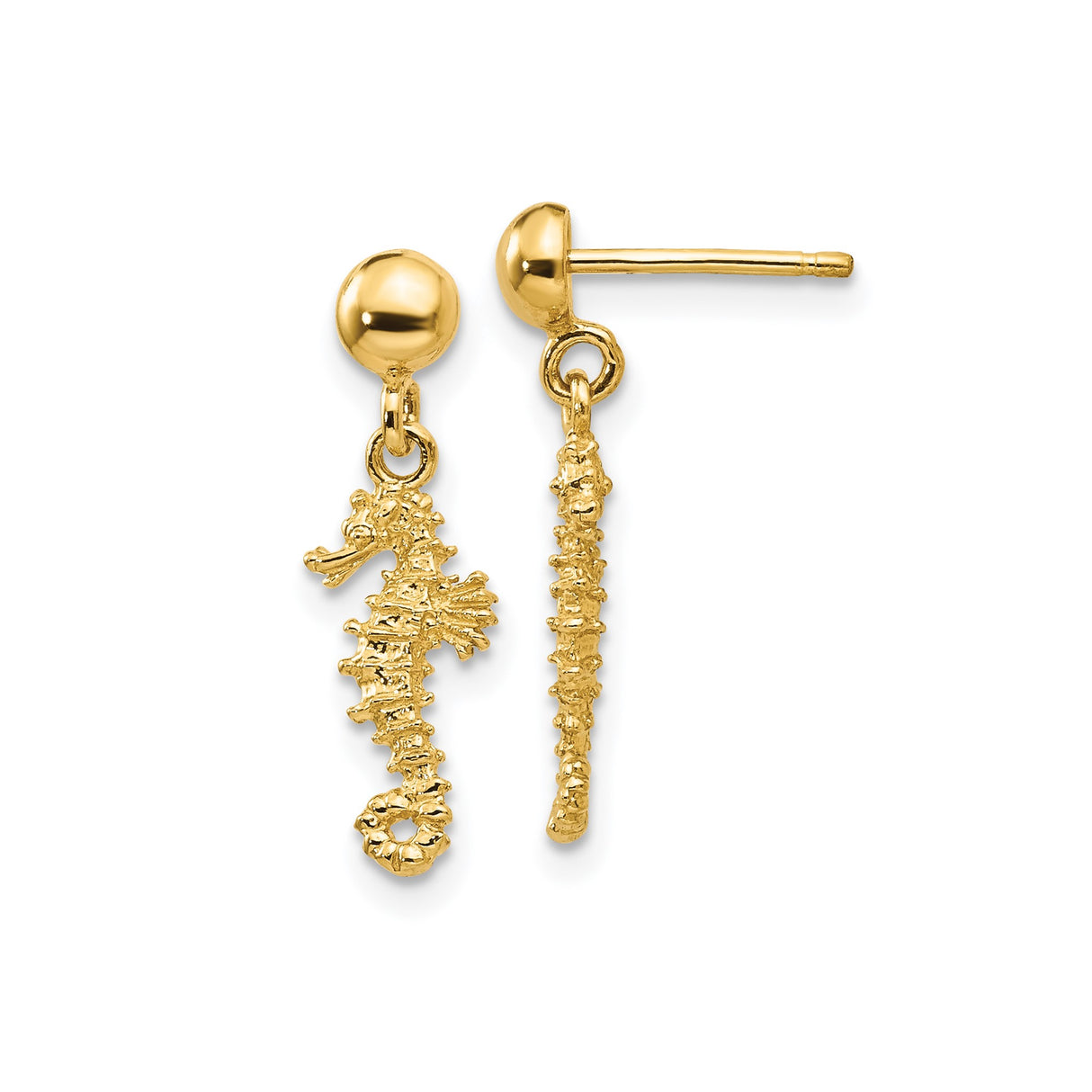 14k Yellow Gold Seahorse Dangle Earrings, Coastal Nautical Design for Women