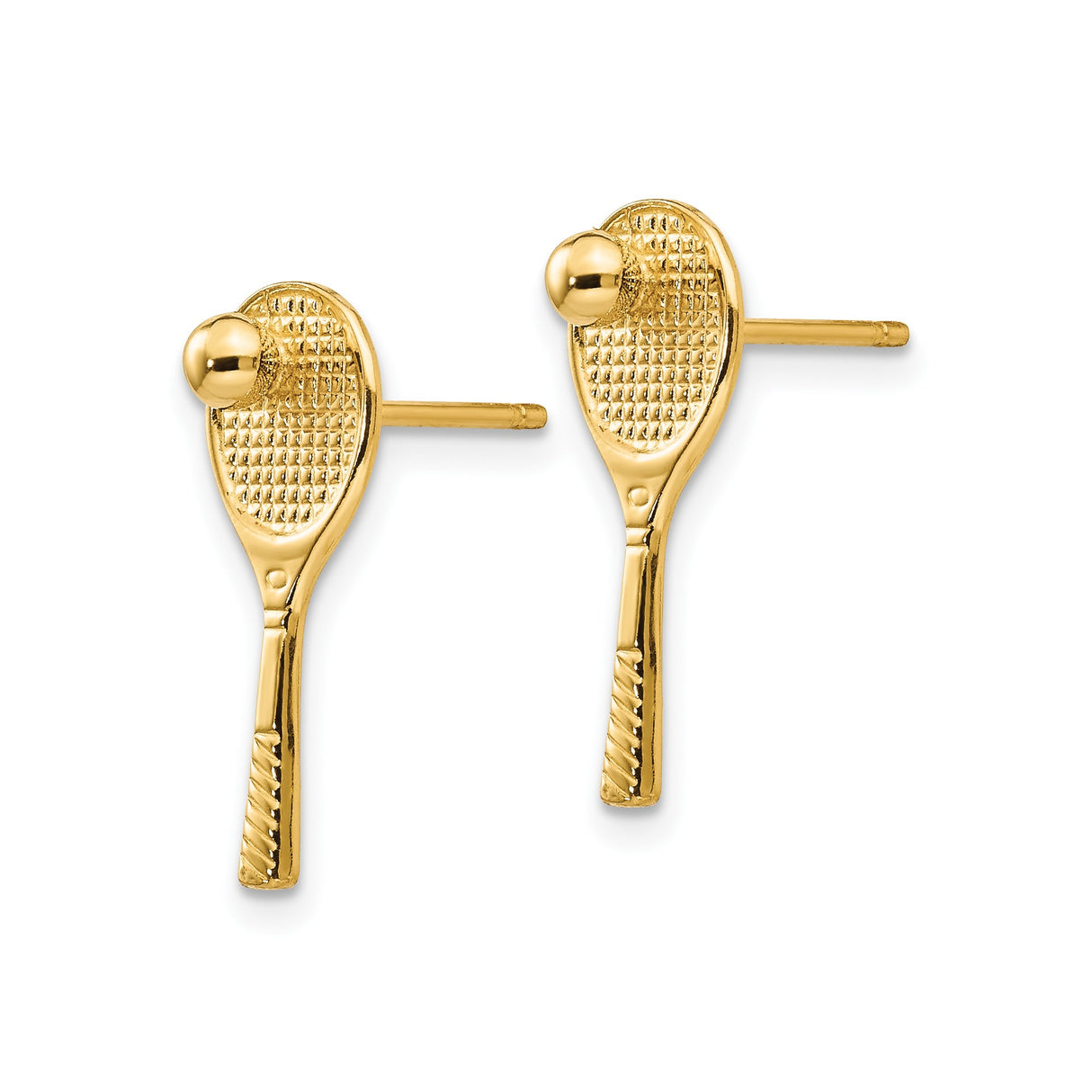 14k Yellow Gold Tennis Racket Stud Earrings with Ball Detail, Sporty Unisex Jewelry
