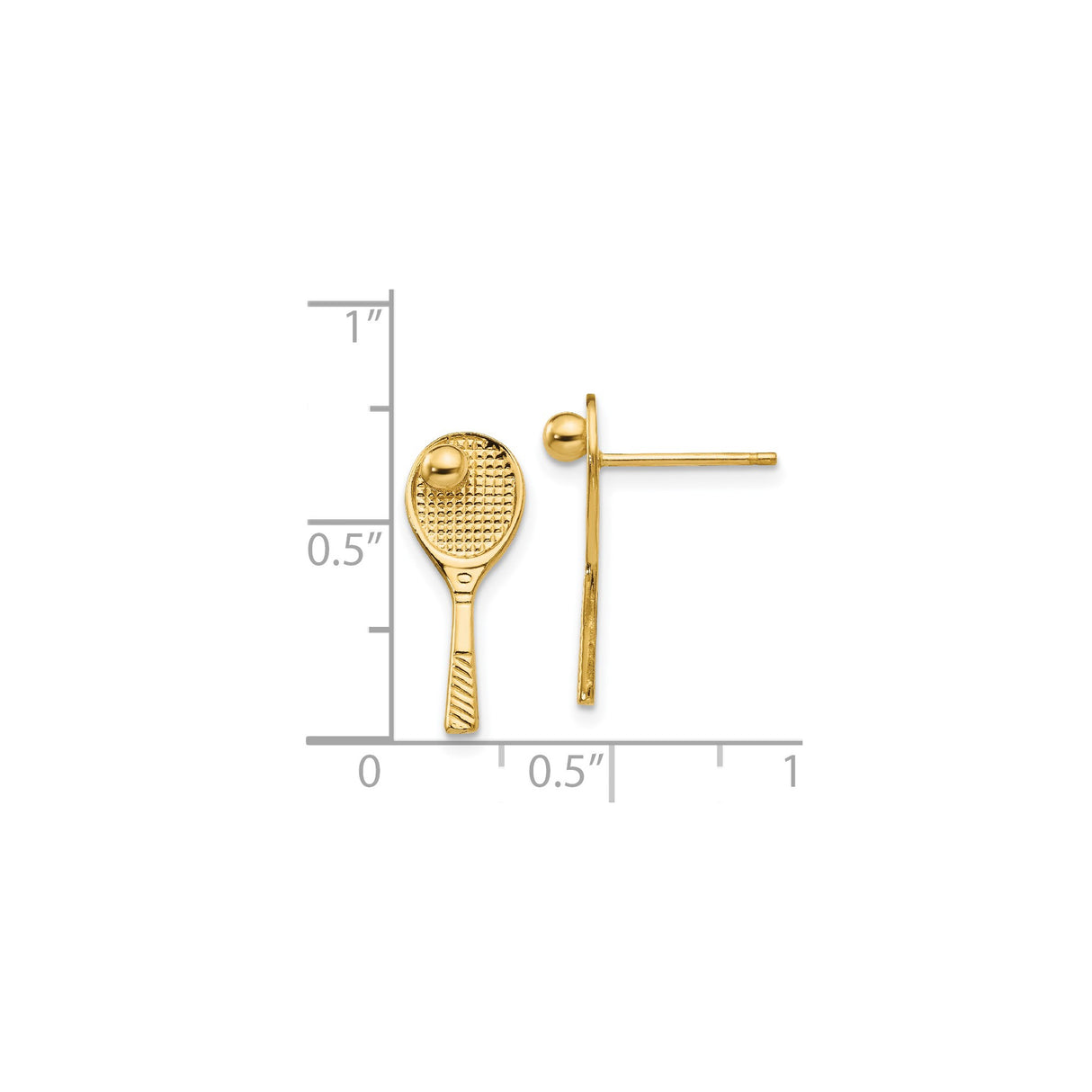 14k Yellow Gold Tennis Racket Stud Earrings with Ball Detail, Sporty Unisex Jewelry