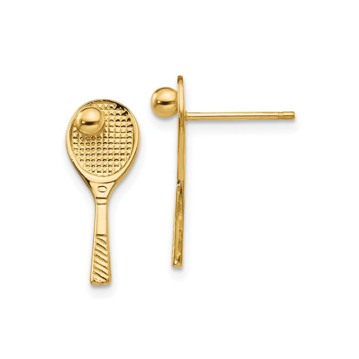 14k Yellow Gold Tennis Racket Stud Earrings with Ball Detail, Sporty Unisex Jewelry