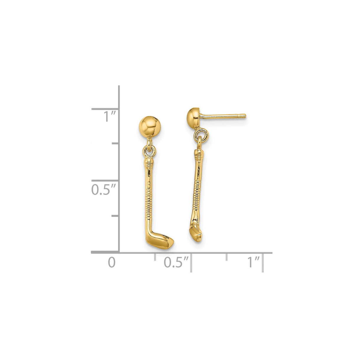 14k Yellow Gold Dangle Earrings, Hockey Stick Design, Sporty Style for Women and Athletes