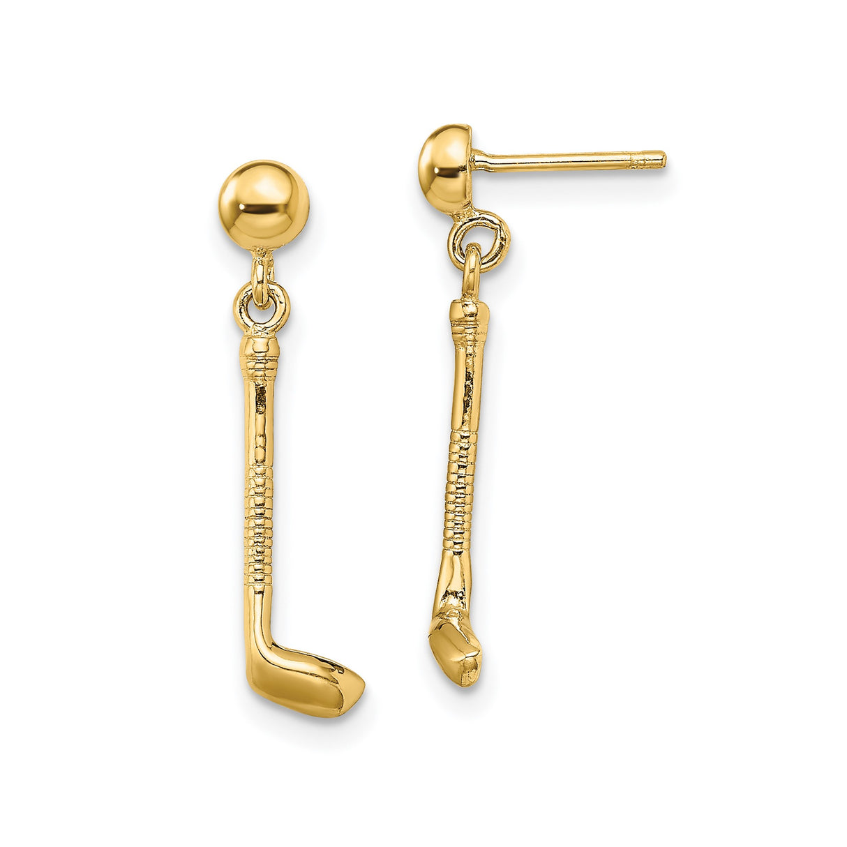 14k Yellow Gold Dangle Earrings, Hockey Stick Design, Sporty Style for Women and Athletes