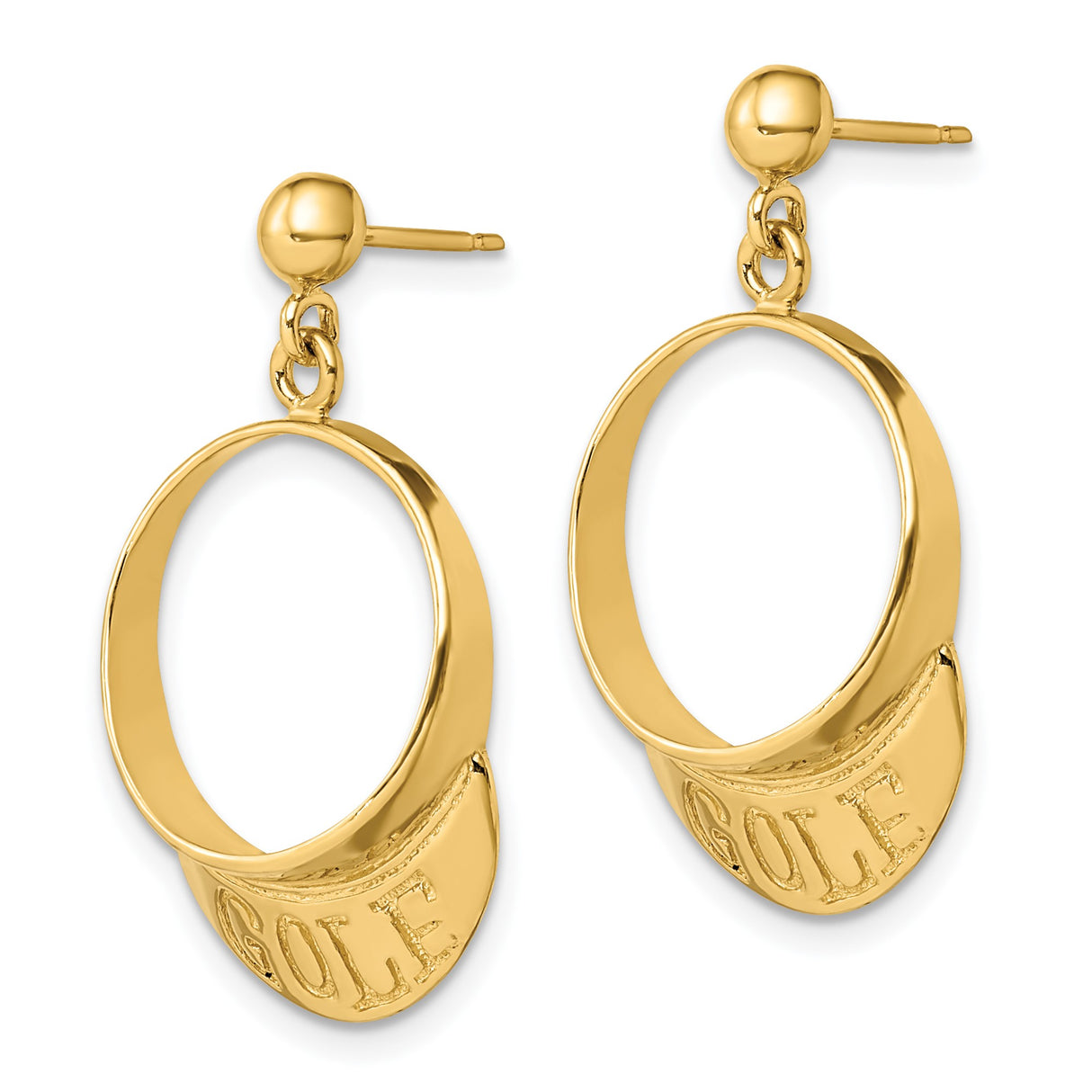 14k Yellow Gold Dangle Earrings with Circular Golf Design and Lettering