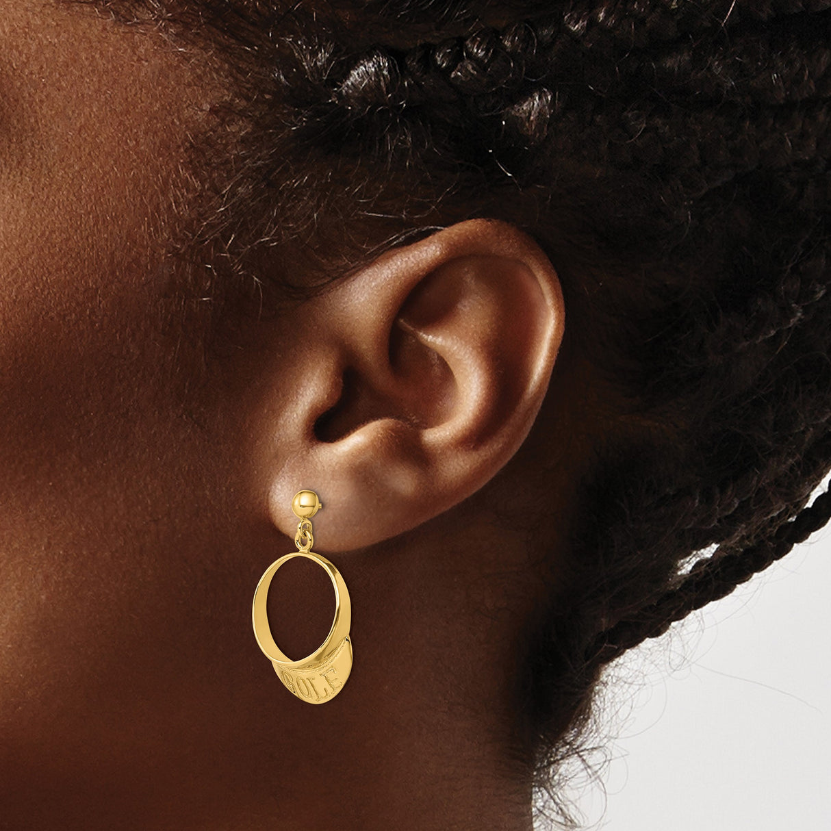14k Yellow Gold Dangle Earrings with Circular Golf Design and Lettering