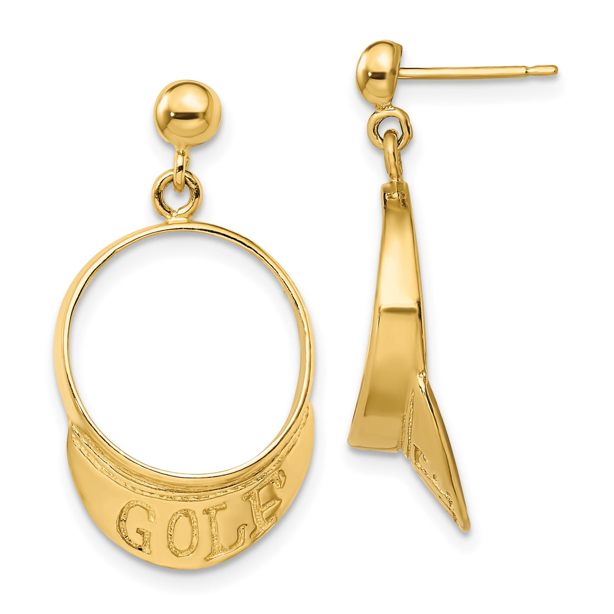 14k Yellow Gold Dangle Earrings with Circular Golf Design and Lettering