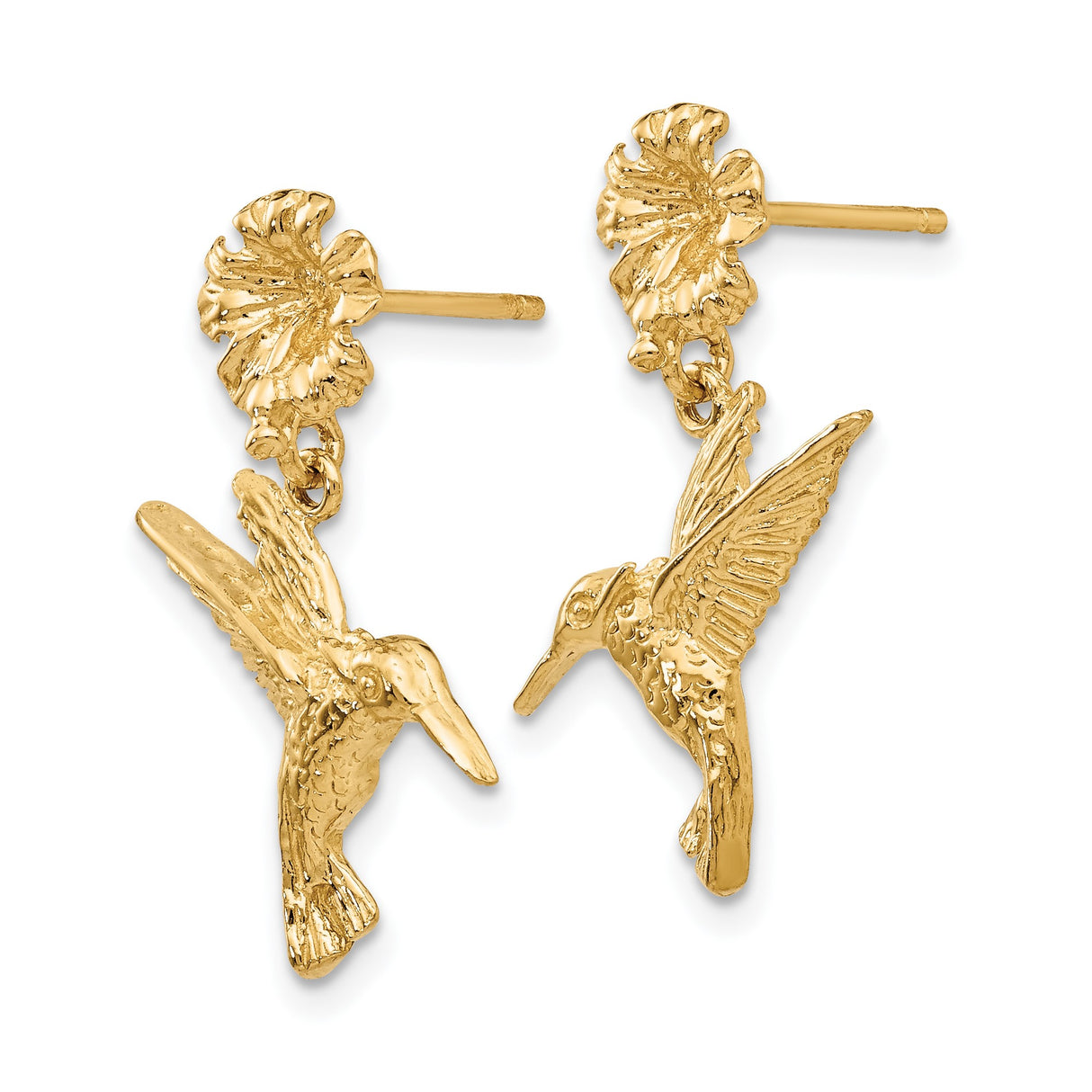 14k Yellow Gold Drop Earrings with Hummingbird and Flower Design, Nature Inspired Jewelry