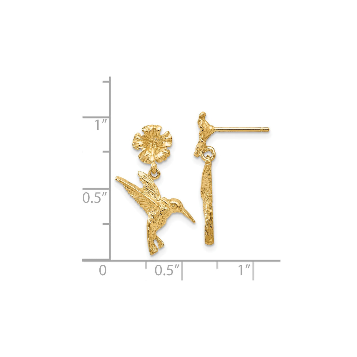 14k Yellow Gold Drop Earrings with Hummingbird and Flower Design, Nature Inspired Jewelry