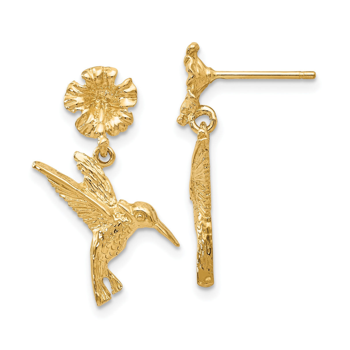 14k Yellow Gold Drop Earrings with Hummingbird and Flower Design, Nature Inspired Jewelry