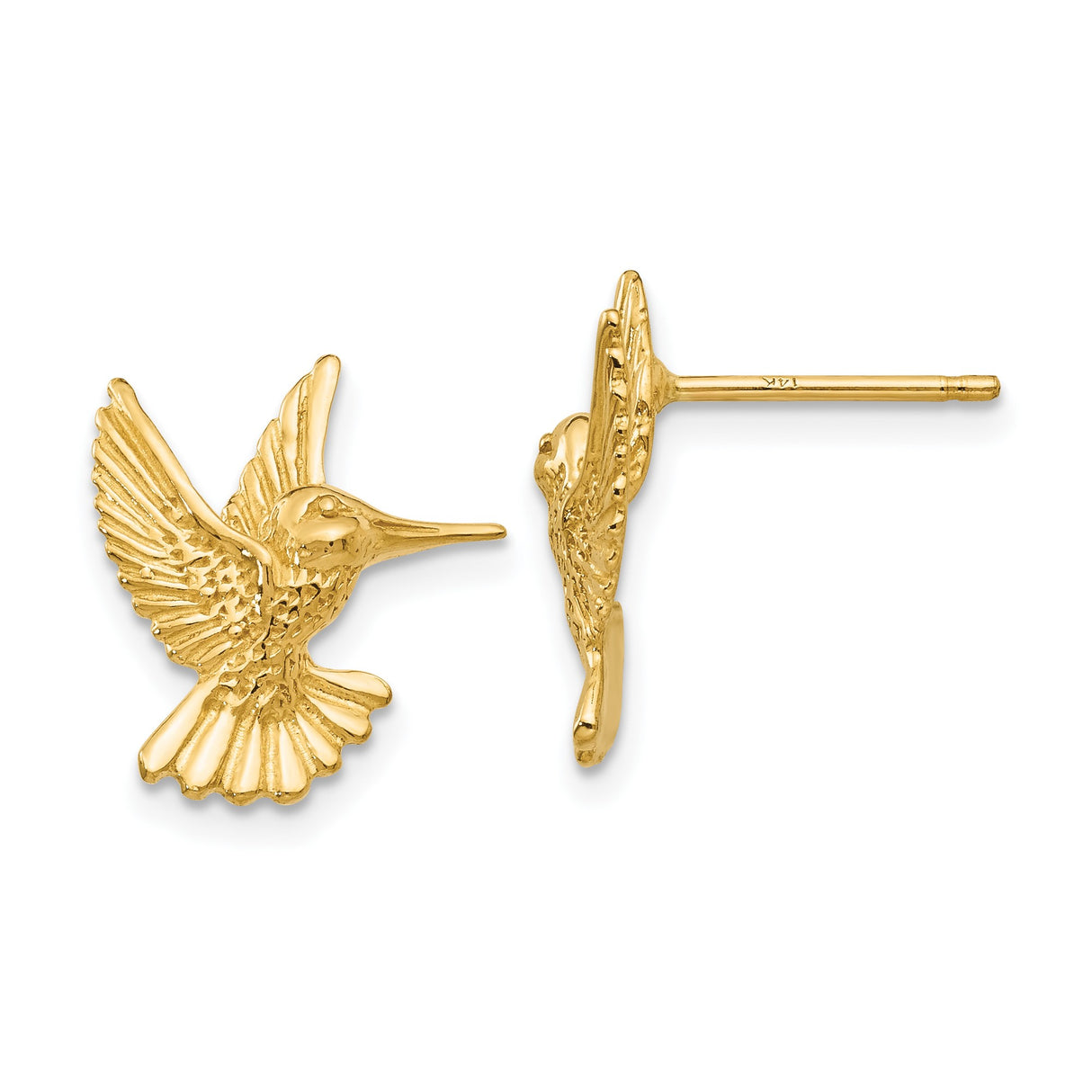 14k Yellow Gold Hummingbird Stud Earrings with Detailed Bird Design, Nature-Inspired Jewelry