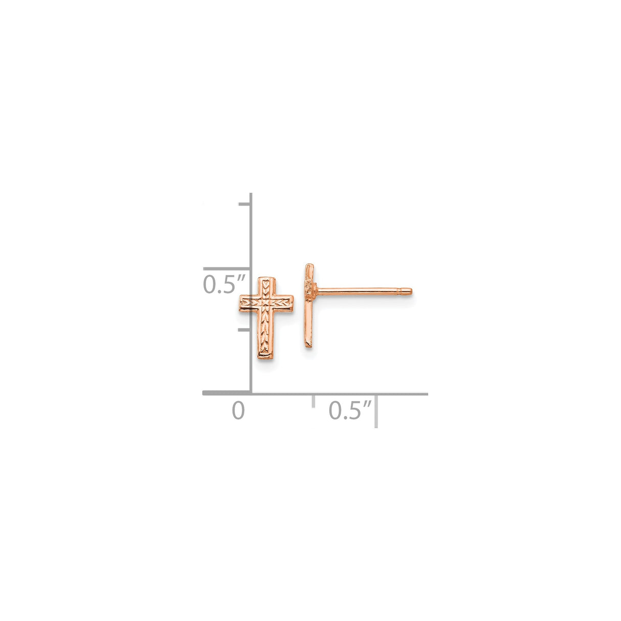 14k Rose Gold Cross Stud Earrings with Leaf Design, Christian Catholic Jewelry for Women