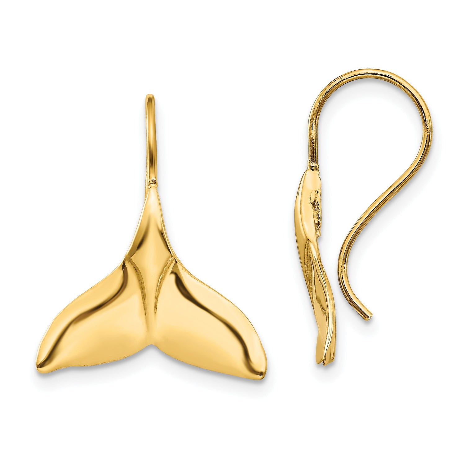 14k Yellow Gold Whale Tail Drop Earrings, Nautical Ocean-Inspired Design for Women