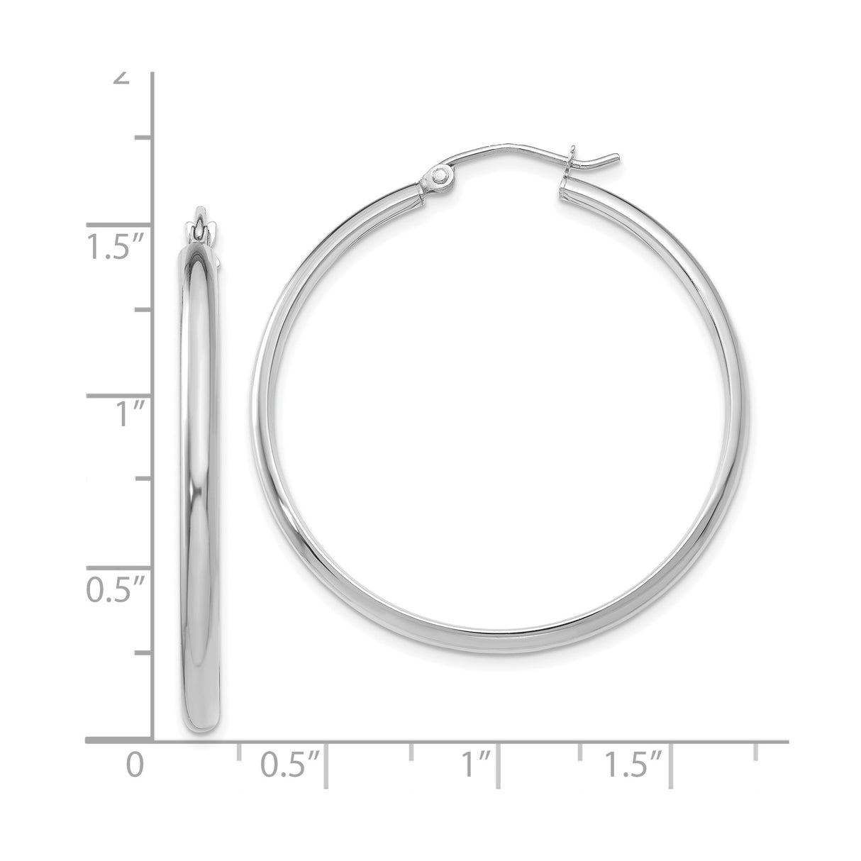 14k White Gold Hoop Earrings, Medium Round Polished Design with Latch Back Closure