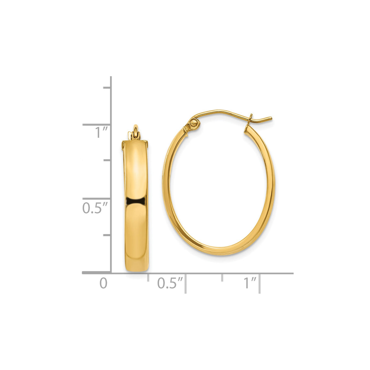 14k Yellow Gold Oval Hoop Earrings, Medium Size with Smooth Finish and Snap Post Closure