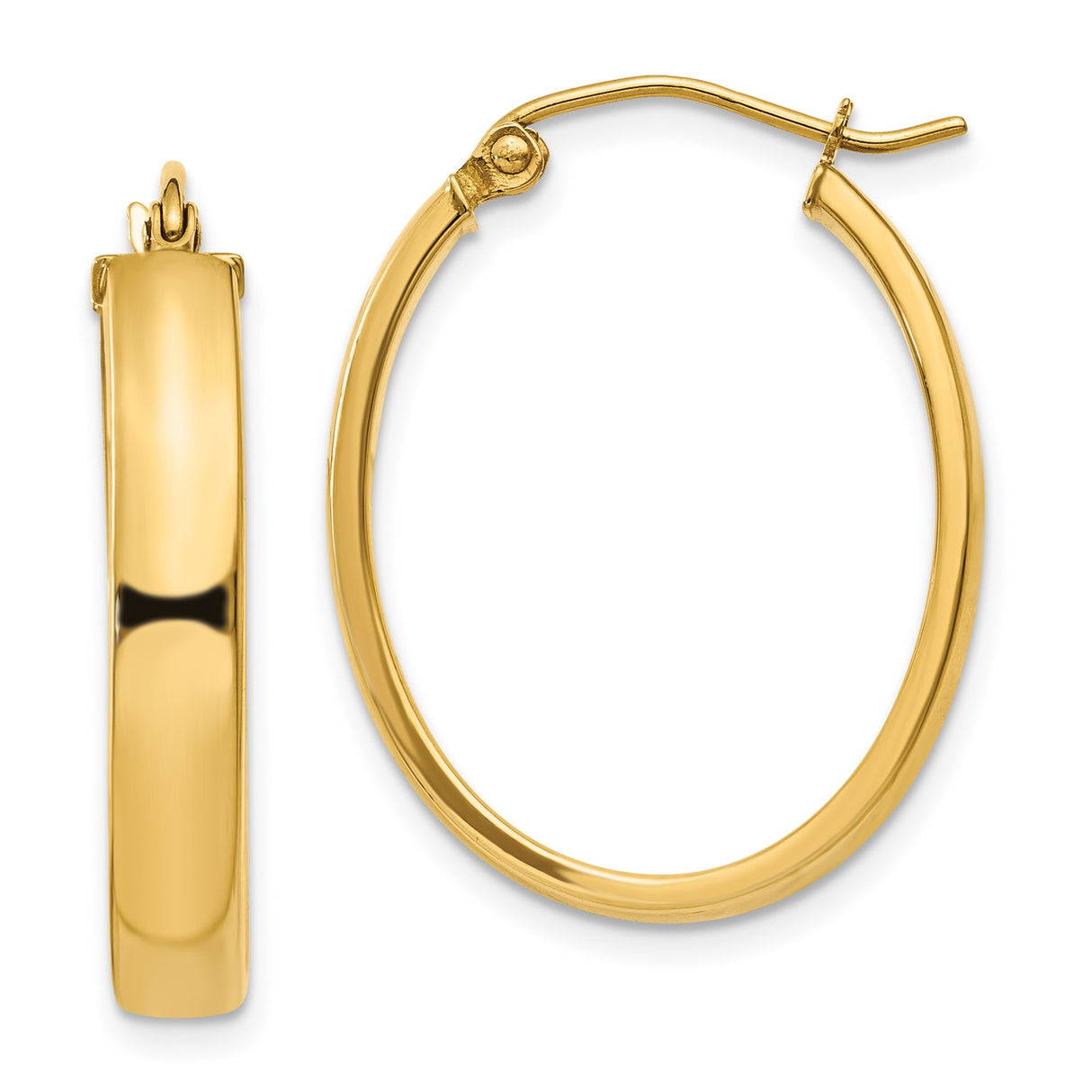 14k Yellow Gold Oval Hoop Earrings, Medium Size with Smooth Finish and Snap Post Closure