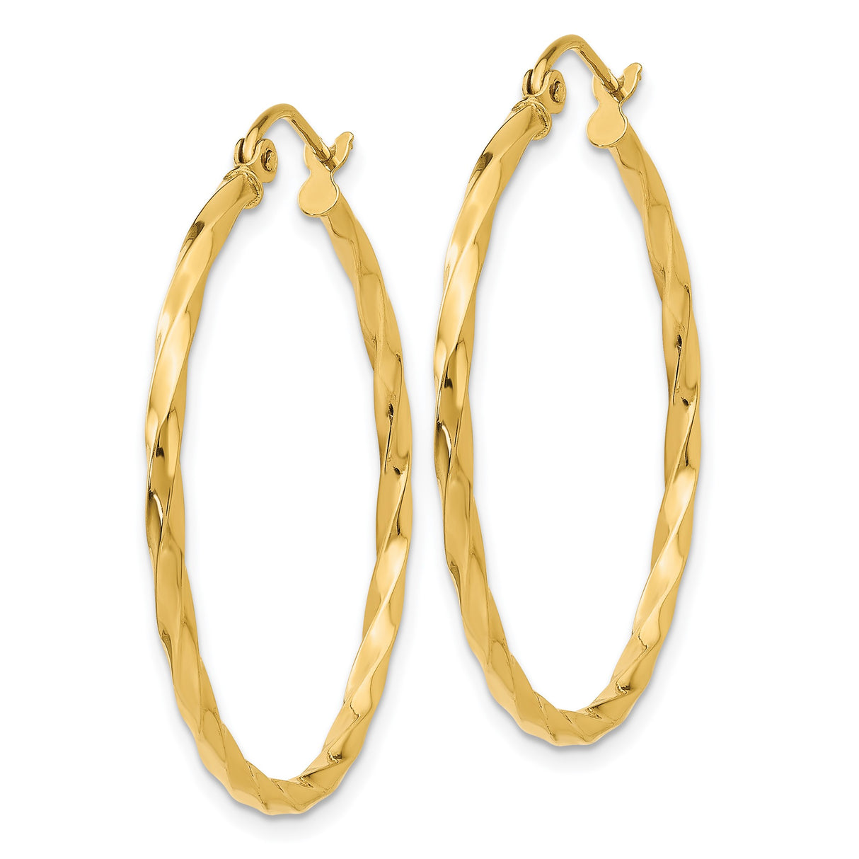 14k Yellow Gold Twisted Hoop Earrings, Diamond Cut Polished Medium Hoops for Women