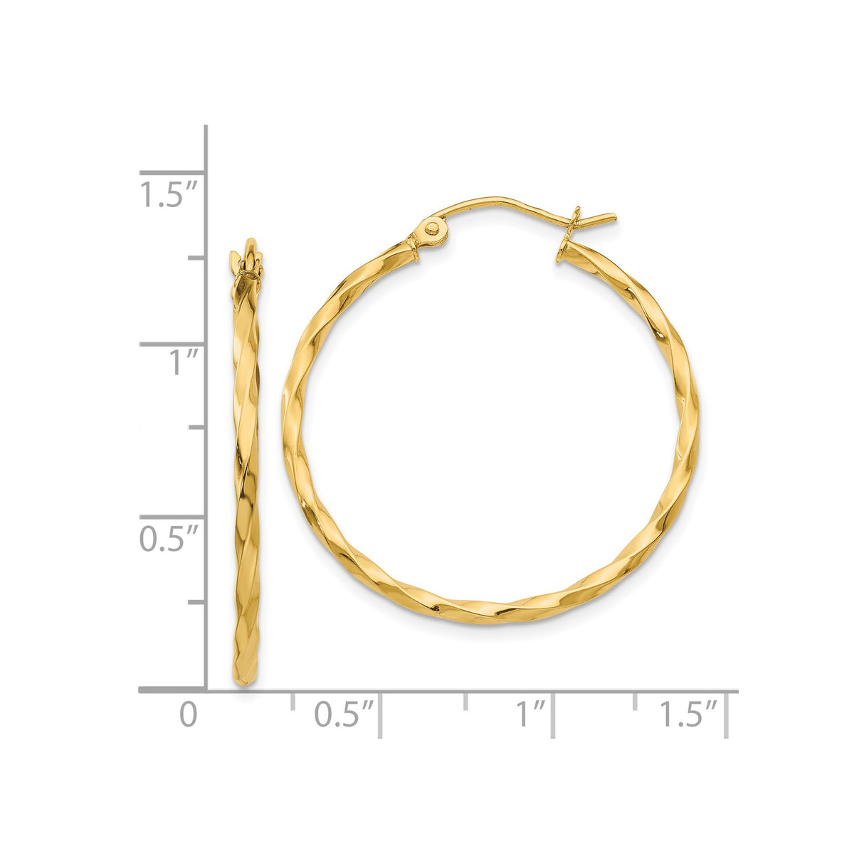14k Yellow Gold Twisted Hoop Earrings, Diamond Cut Polished Medium Hoops for Women
