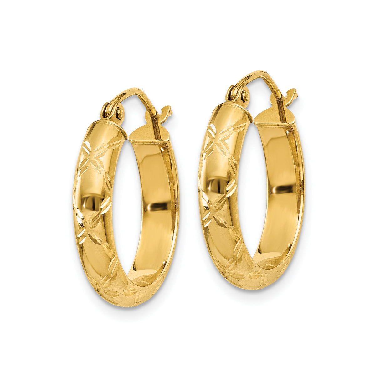 14k Yellow Gold Hoop Earrings with Etched Floral Pattern and Polished Finish