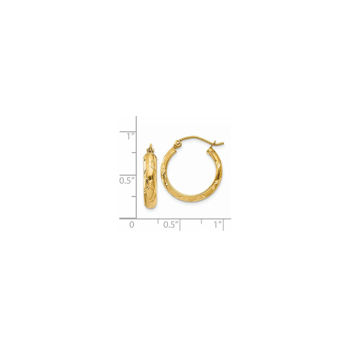 14k Yellow Gold Hoop Earrings with Etched Floral Pattern and Polished Finish