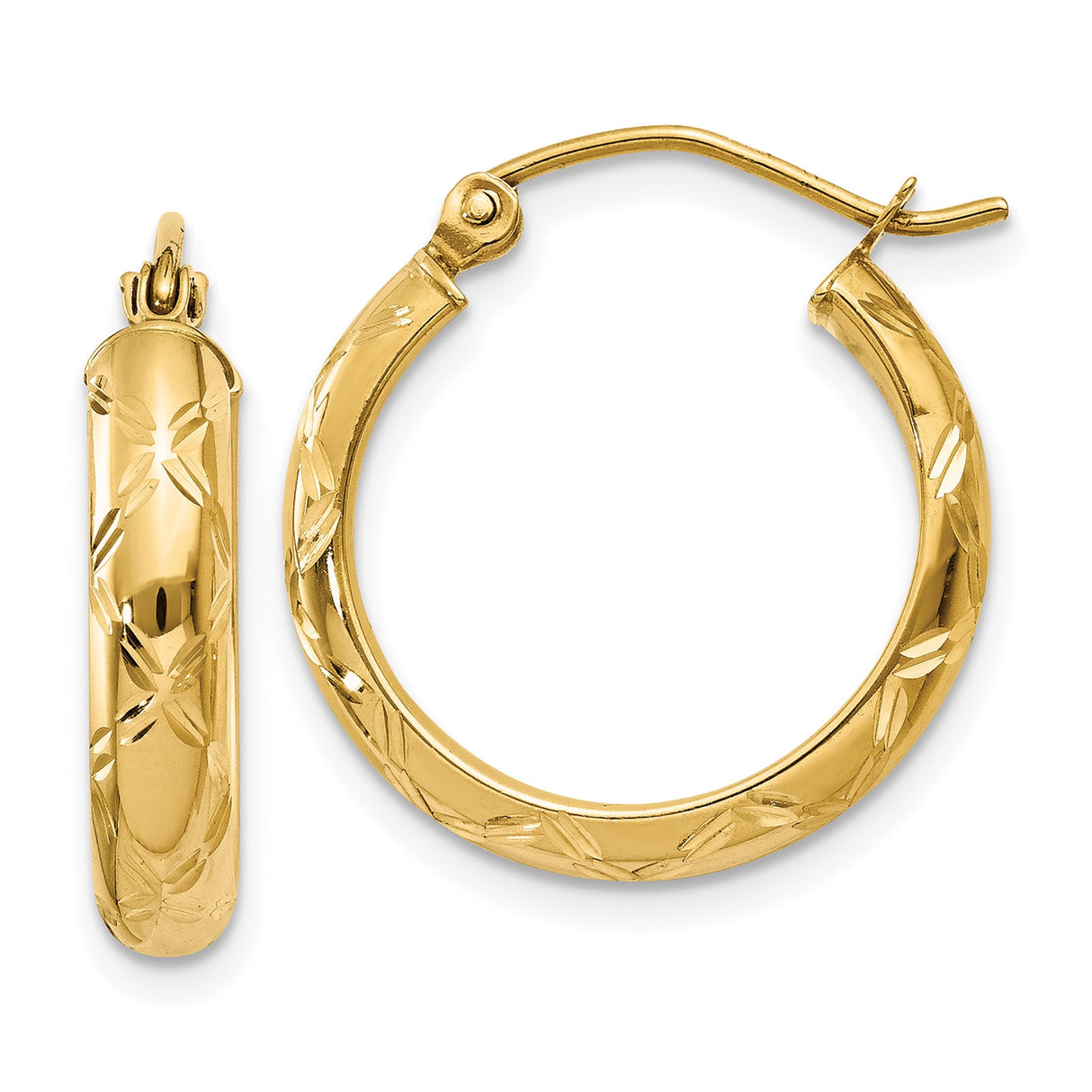 14k Yellow Gold Hoop Earrings with Etched Floral Pattern and Polished Finish