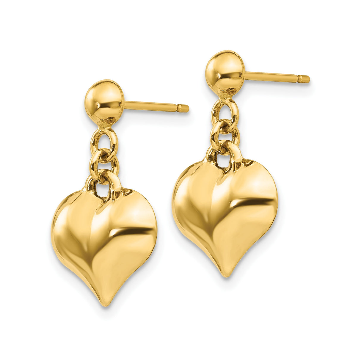 14k Yellow Gold Heart Dangle Stud Earrings with High-Polish Puffed Charms for Women