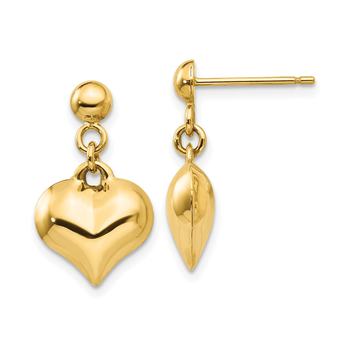 14k Yellow Gold Heart Dangle Stud Earrings with High-Polish Puffed Charms for Women
