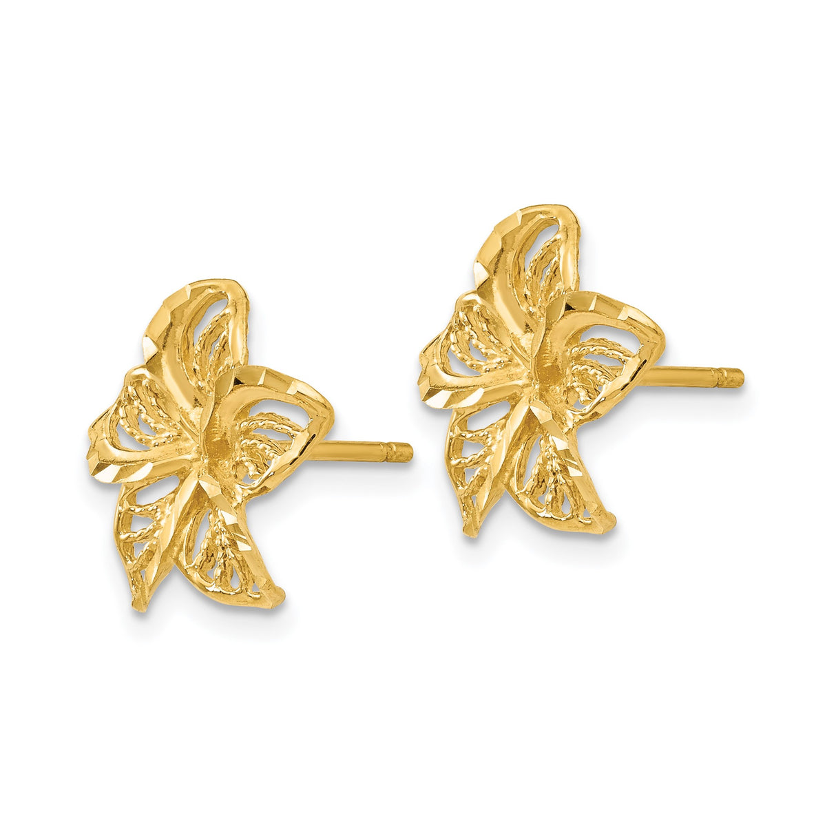 14k Yellow Gold Flower Stud Earrings with Openwork Five-Petal Filigree Design