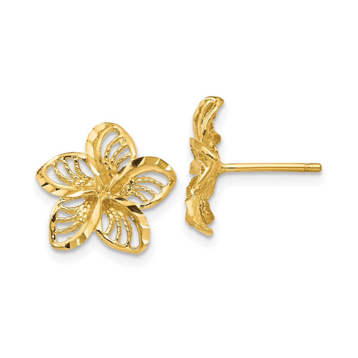 14k Yellow Gold Flower Stud Earrings with Openwork Five-Petal Filigree Design