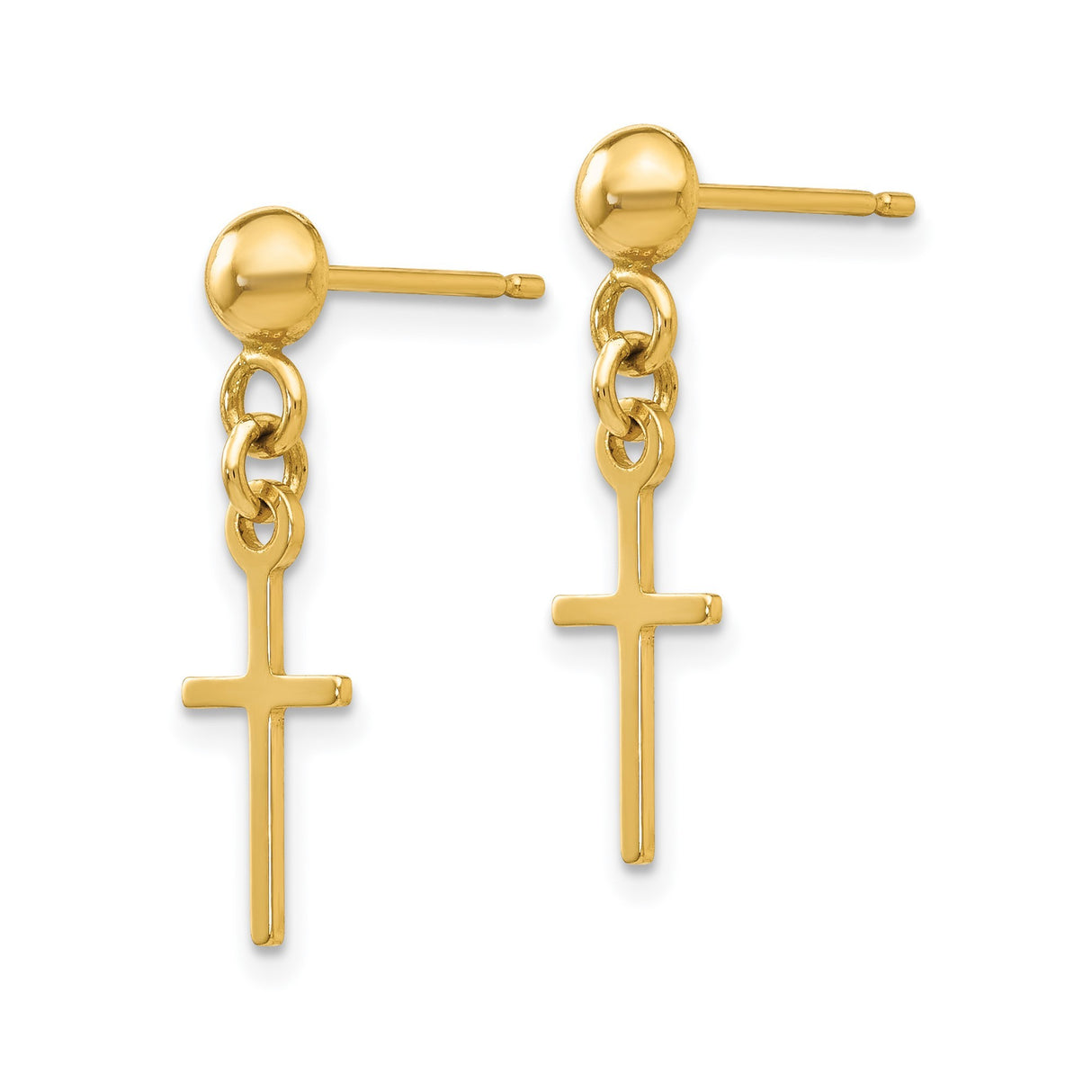 14k Yellow Gold Dangle Cross Stud Earrings, Simple Christian Symbol, Faith-Inspired Jewelry
