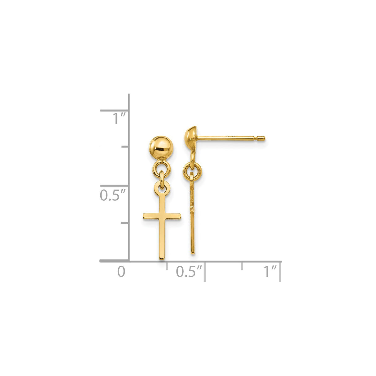 14k Yellow Gold Dangle Cross Stud Earrings, Simple Christian Symbol, Faith-Inspired Jewelry