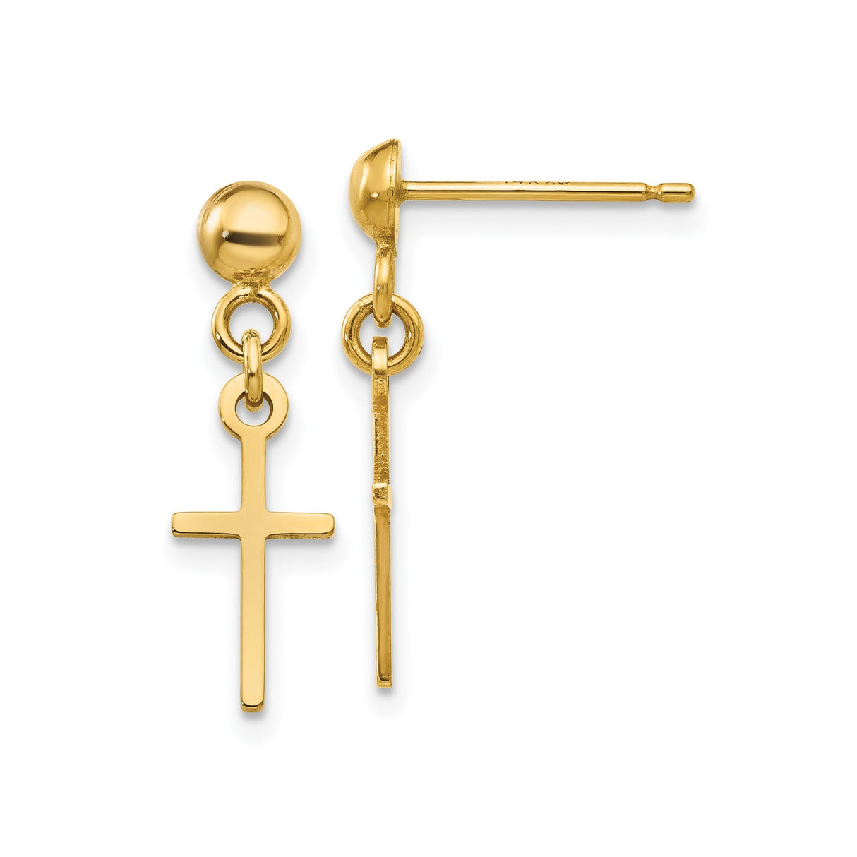14k Yellow Gold Dangle Cross Stud Earrings, Simple Christian Symbol, Faith-Inspired Jewelry