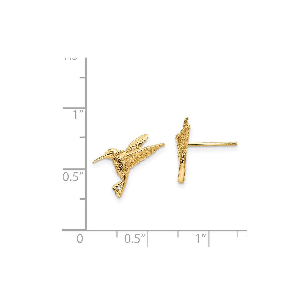 14k Yellow Gold Hummingbird Stud Earrings, Nature Inspired Bird Design for Women