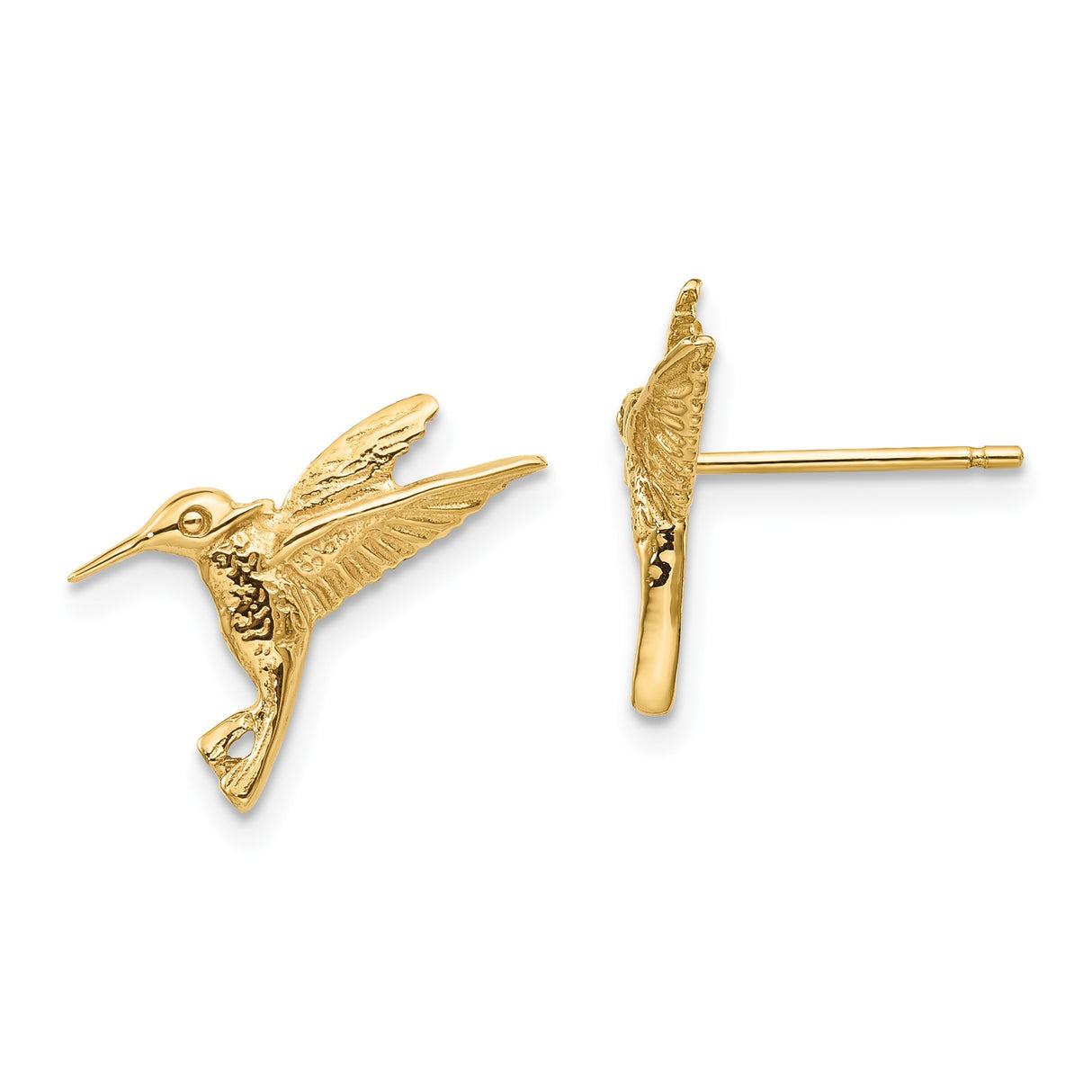 14k Yellow Gold Hummingbird Stud Earrings, Nature Inspired Bird Design for Women