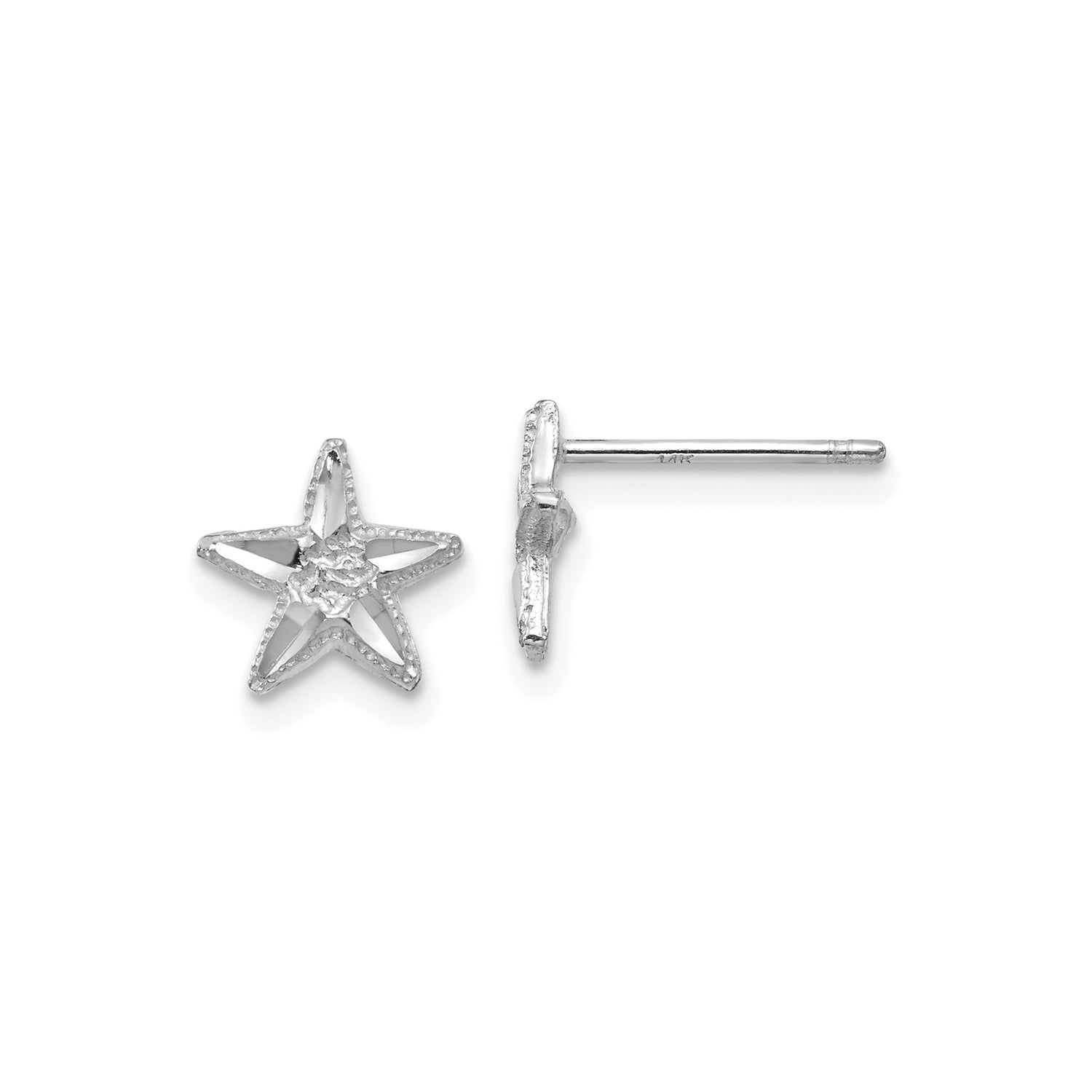 14k White Gold Star Shaped Stud Earrings with Openwork Floral Design and Rose Center