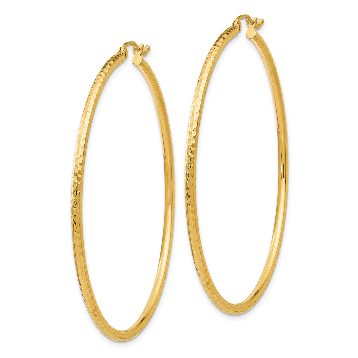 14k Yellow Gold Hoop Earrings, Hammered Finish, Classic Round Lightweight Style for Women