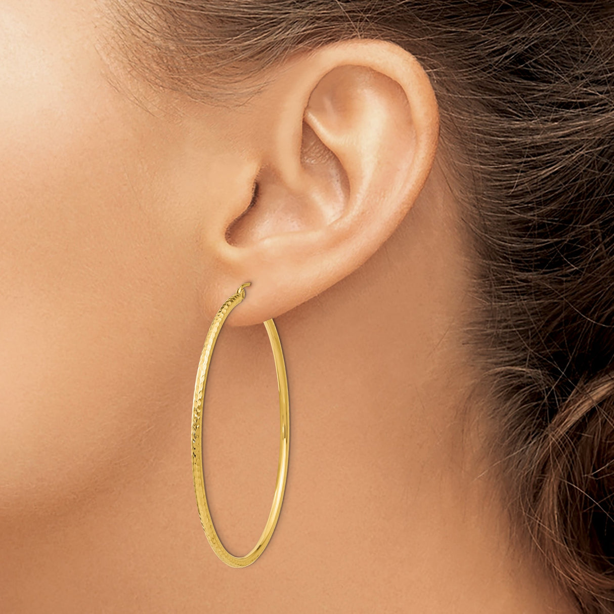 14k Yellow Gold Hoop Earrings, Hammered Finish, Classic Round Lightweight Style for Women