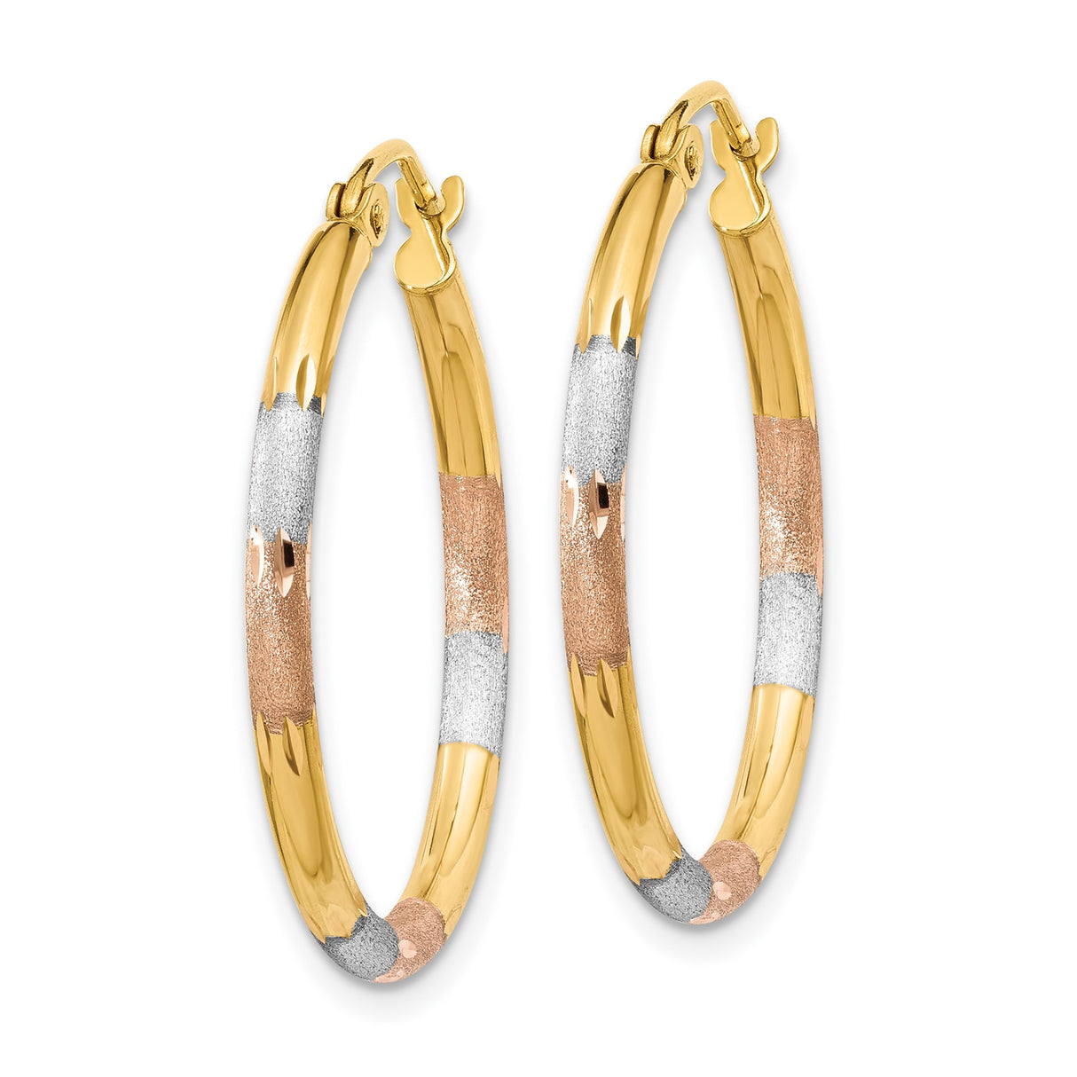 14k Tri-Color Gold Hoop Earrings, Polished and Textured Round Hoops, Latch Back Closure