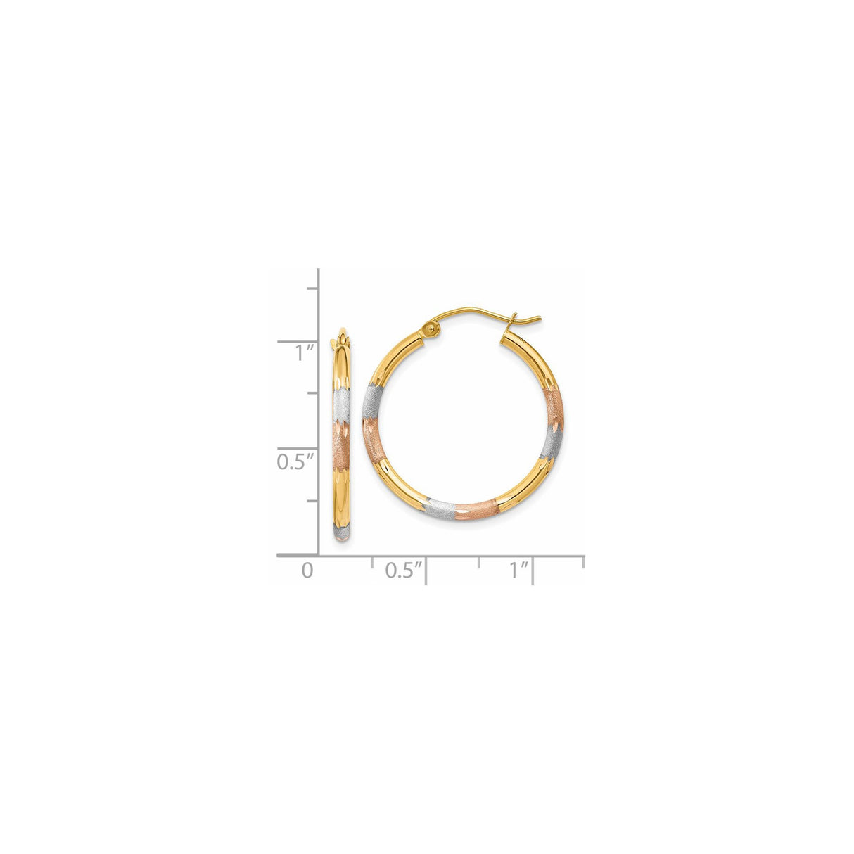 14k Tri-Color Gold Hoop Earrings, Polished and Textured Round Hoops, Latch Back Closure