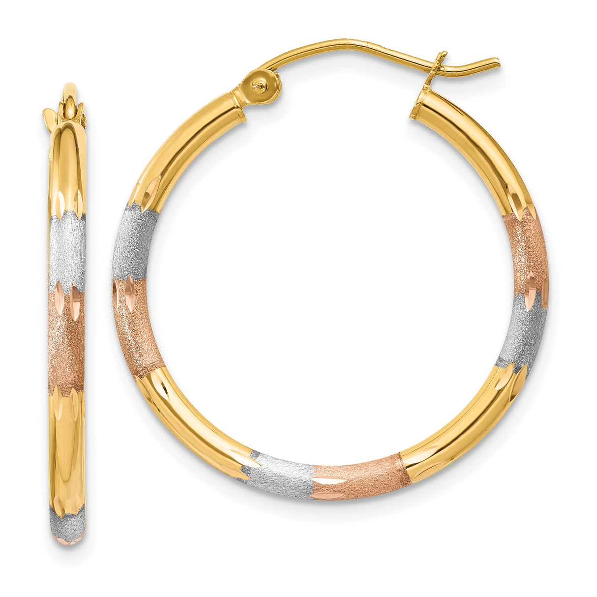 14k Tri-Color Gold Hoop Earrings, Polished and Textured Round Hoops, Latch Back Closure