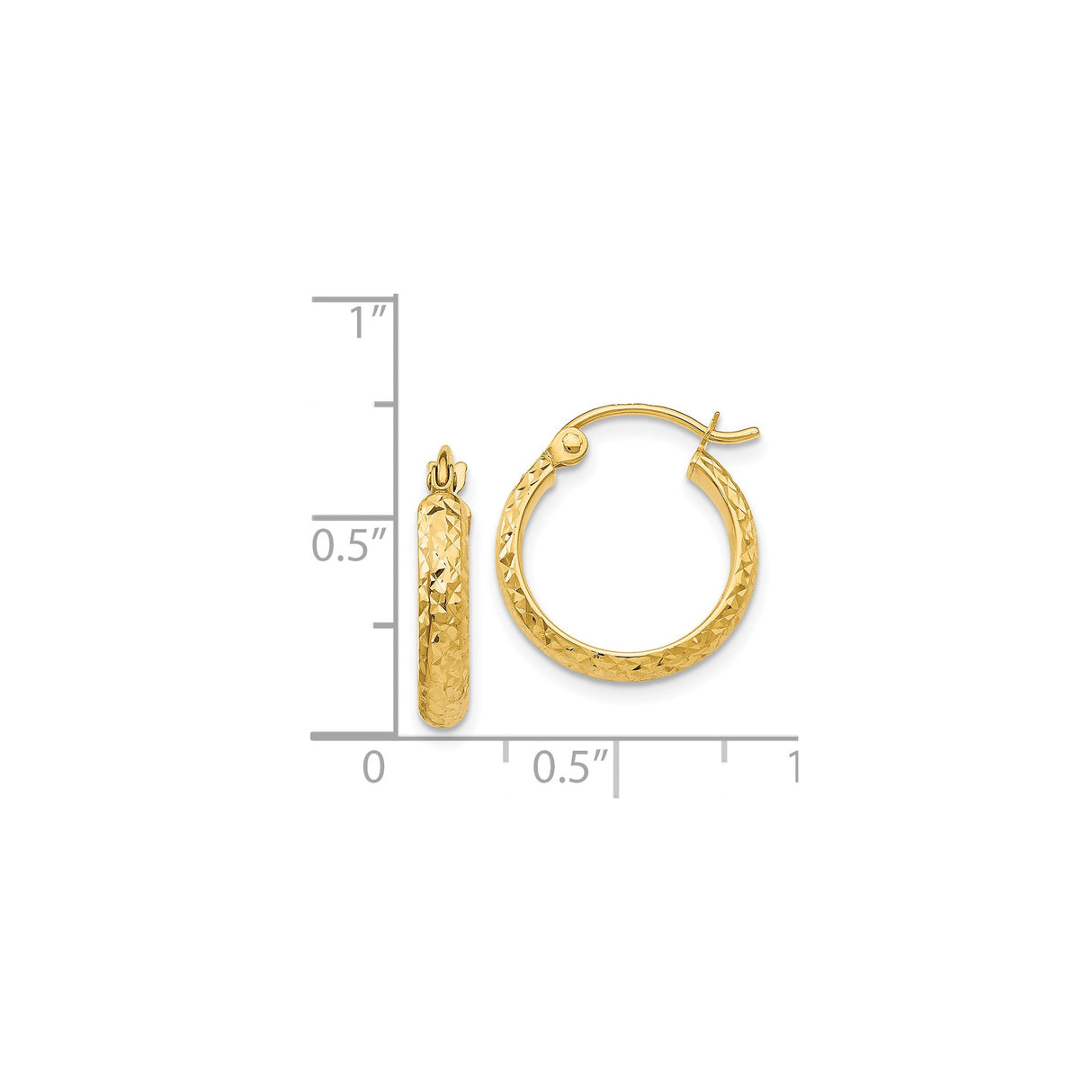 14k Yellow Gold Hoop Earrings with Diamond Cut Textured Finish, Classic Round Style, Latch Back Closure