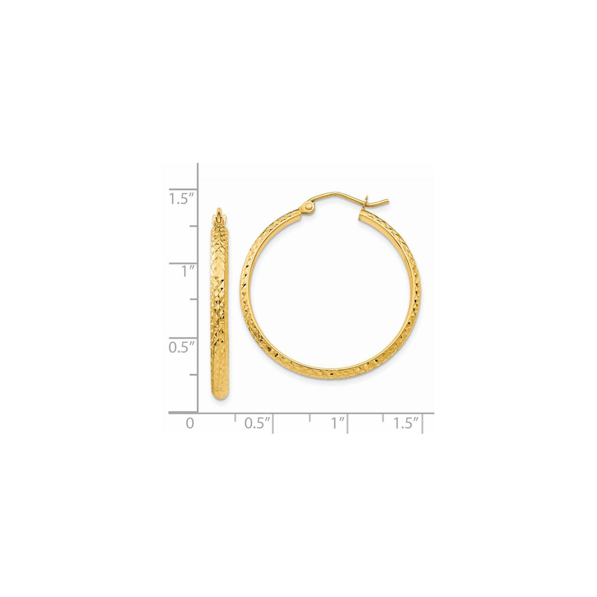 14k Yellow Gold Hoop Earrings, Diamond Cut Textured Finish with Polished Faceted Surface