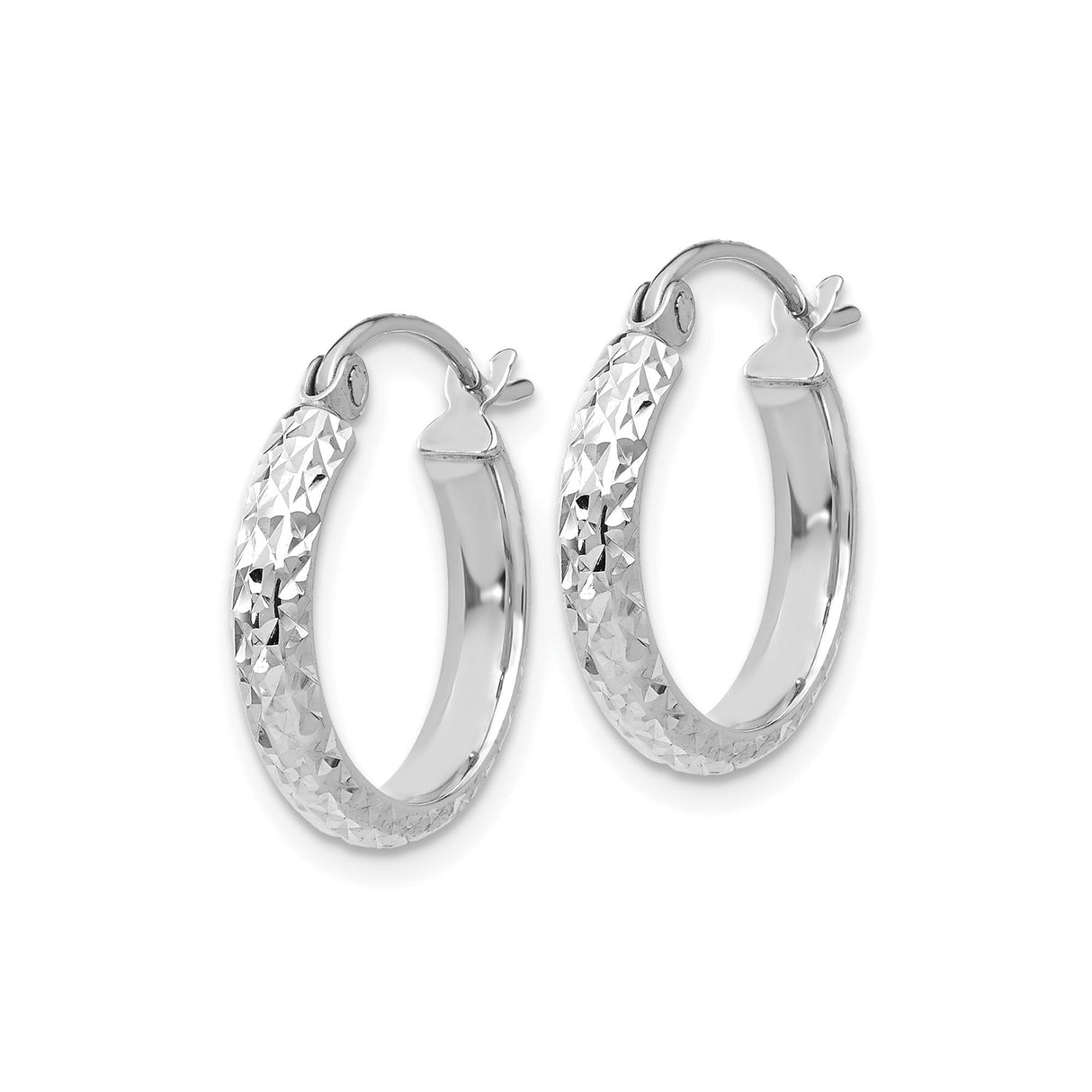 14k White Gold Hoop Earrings, Diamond Cut Textured Round Latch Back Lightweight Design