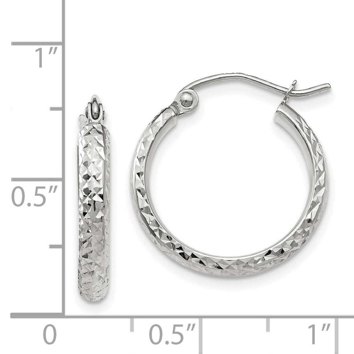 14k White Gold Hoop Earrings, Diamond Cut Textured Finish, Lightweight High Polish Shine