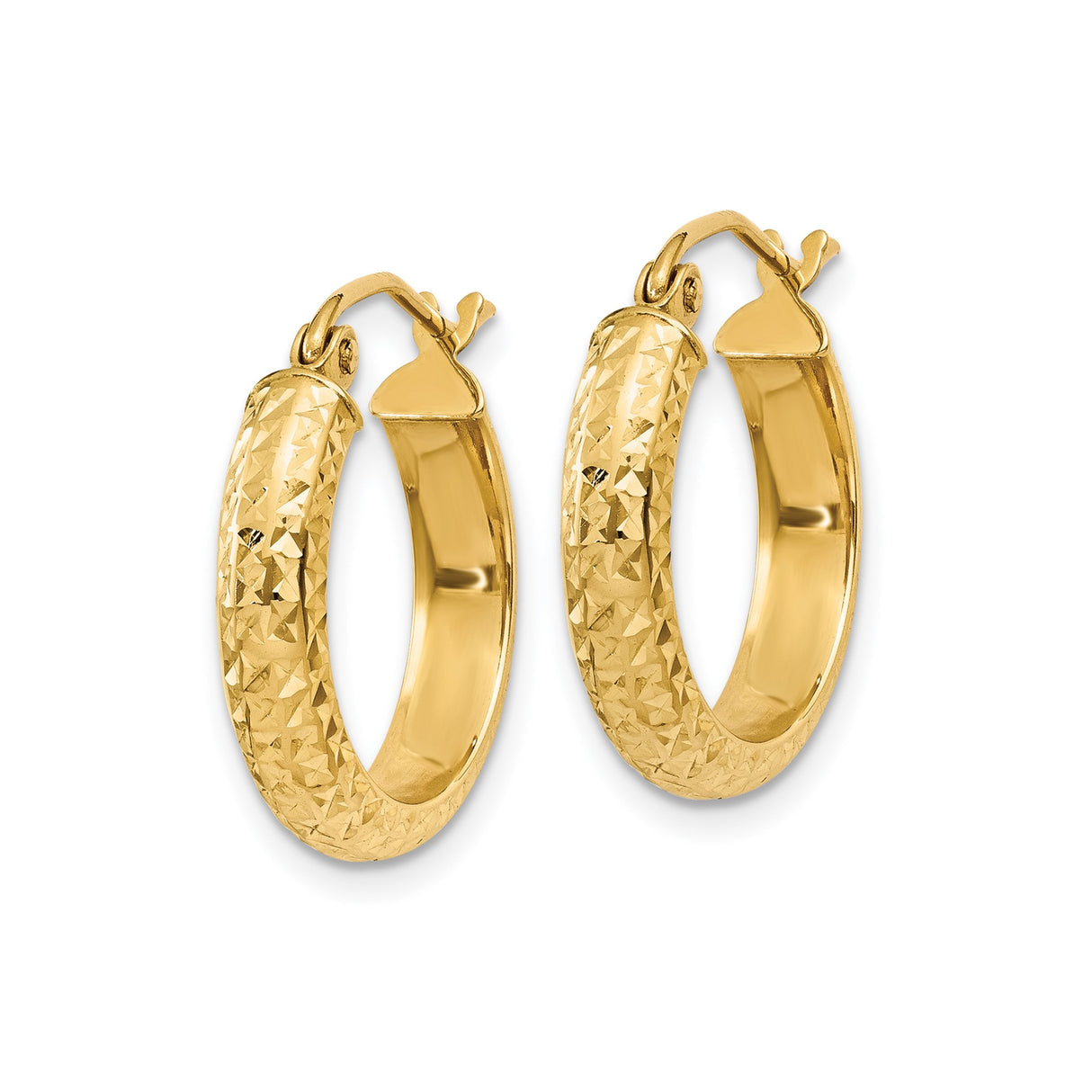 14k Yellow Gold Hoop Earrings, Textured Diamond Cut Lightweight Round Design for Women