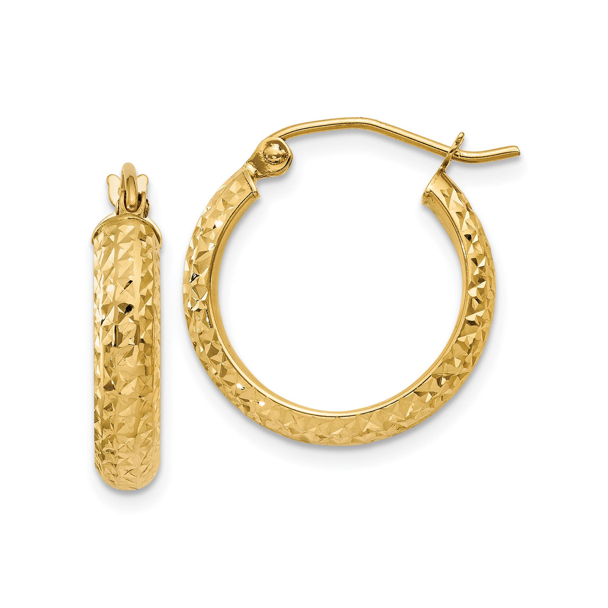14k Yellow Gold Hoop Earrings, Textured Diamond Cut Lightweight Round Design for Women
