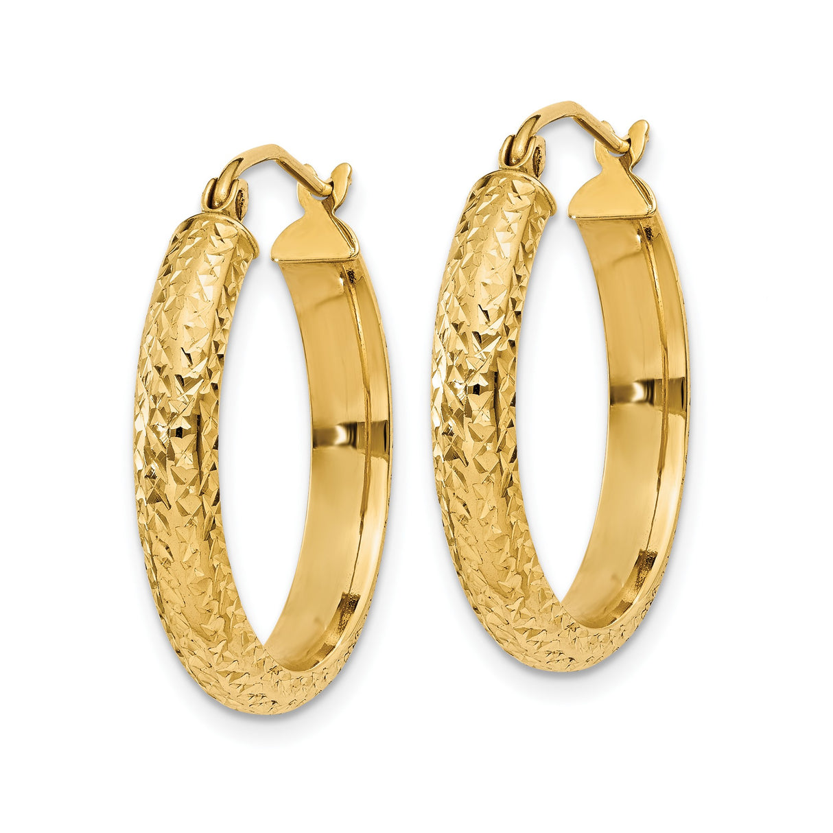 14k Yellow Gold Hoop Earrings, Diamond Cut Textured Finish, Classic Round Design