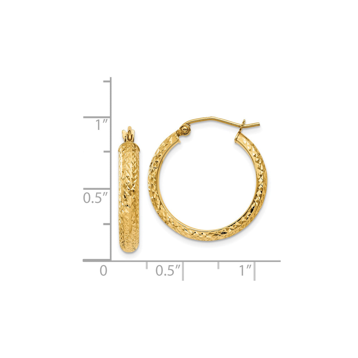 14k Yellow Gold Hoop Earrings, Diamond Cut Textured Finish, Classic Round Design