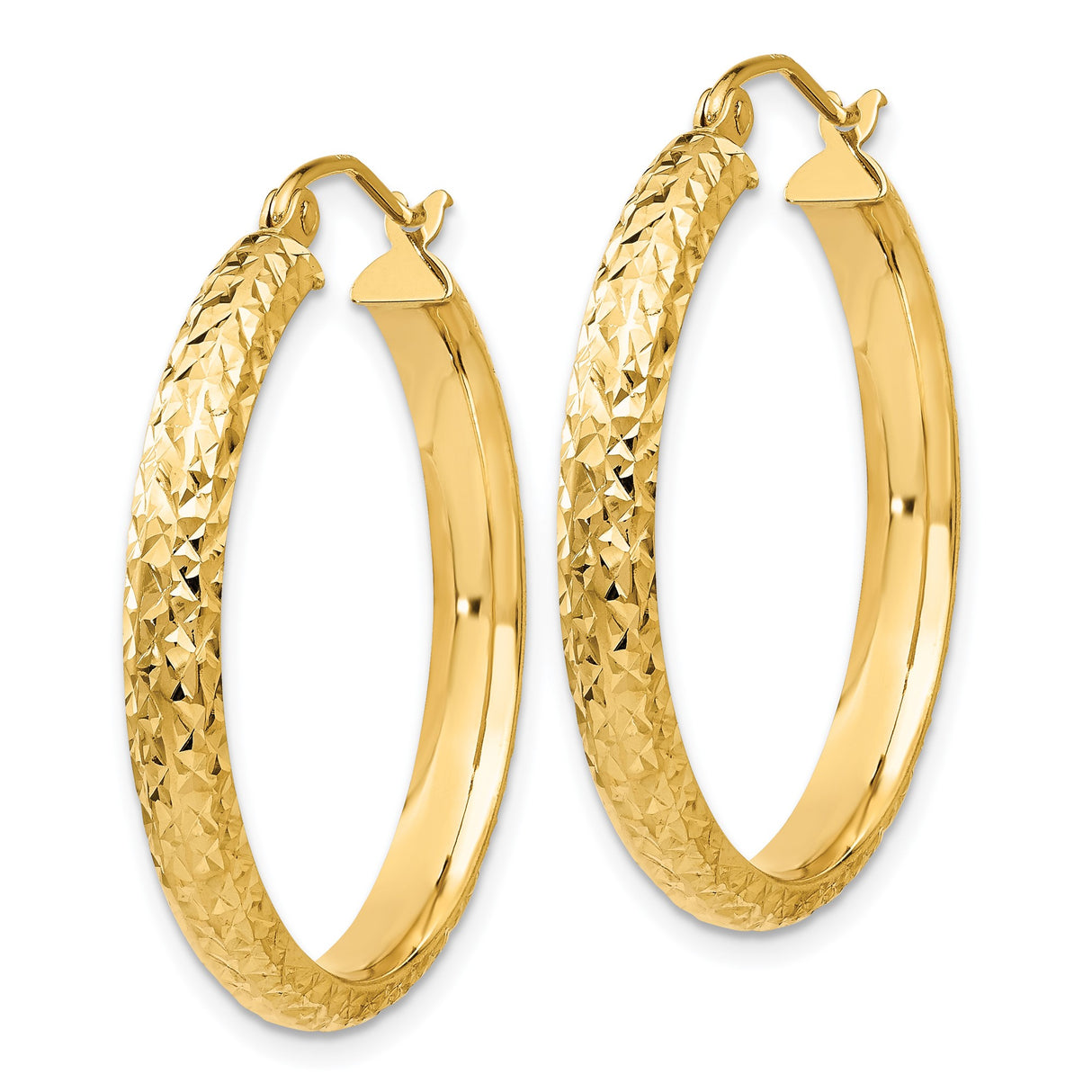 14k Yellow Gold Hoop Earrings, Diamond Cut Textured Round Design with Polished Finish