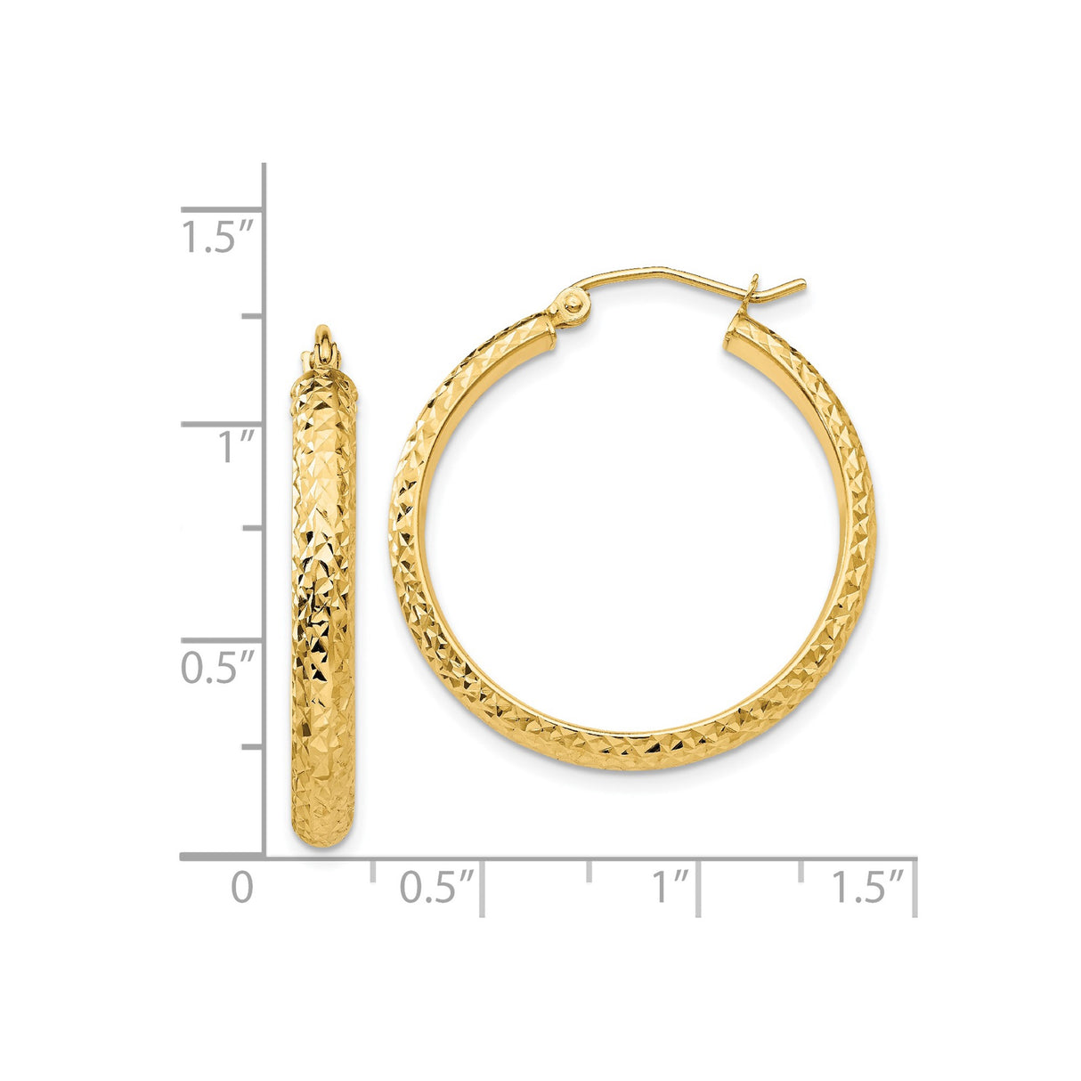 14k Yellow Gold Hoop Earrings, Diamond Cut Textured Round Design with Polished Finish