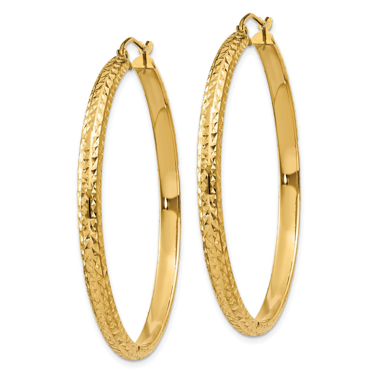 14k Yellow Gold Hoop Earrings, Diamond Cut Textured Round Design, High Polish Finish