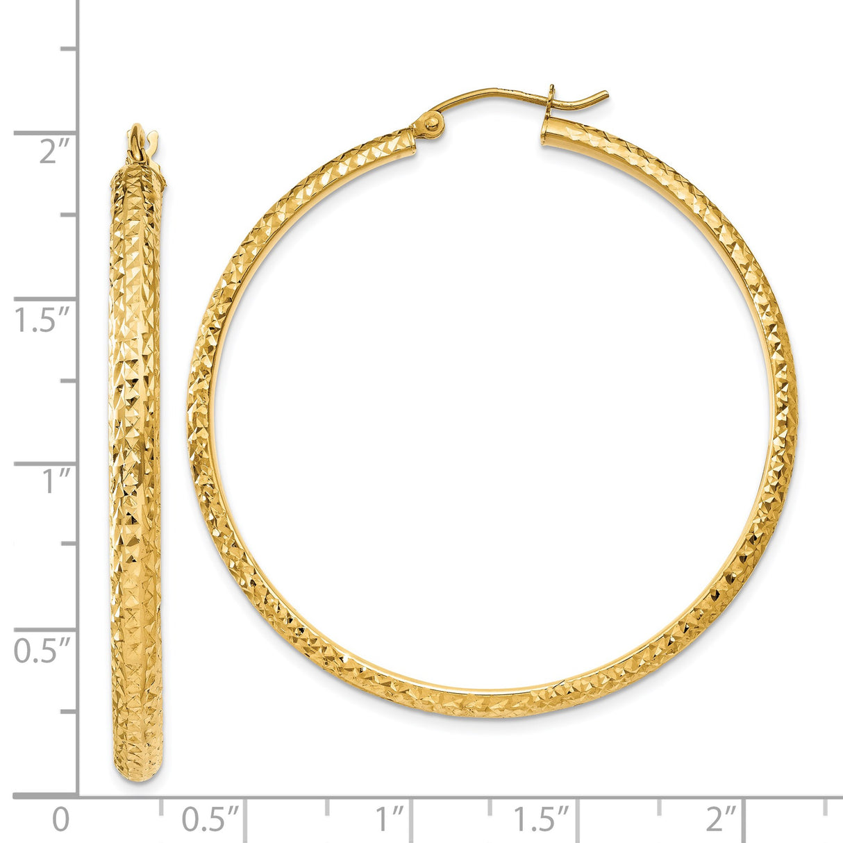 14k Yellow Gold Hoop Earrings, Diamond Cut Textured Round Design, High Polish Finish